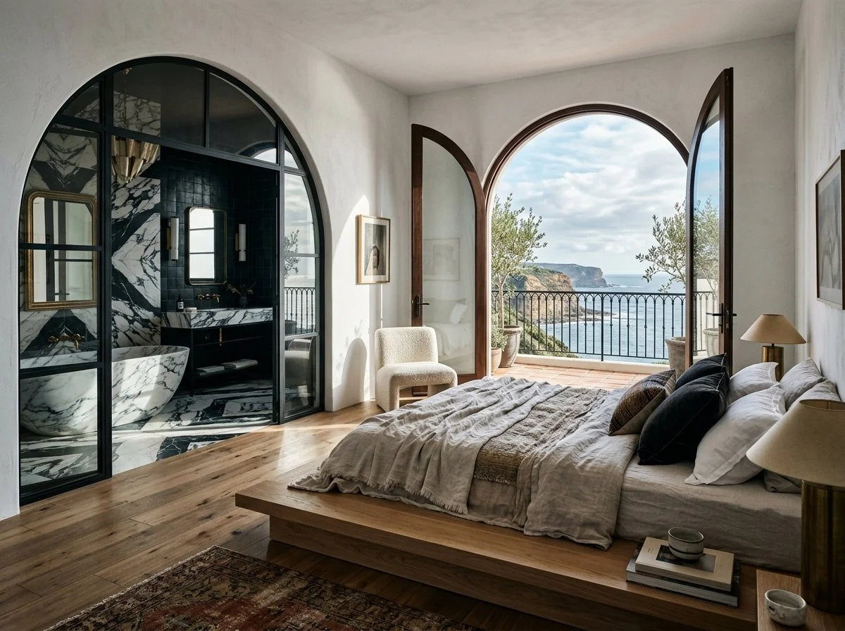 stunning apartment bedroom overloking cliffs and the sea with arched french doors to a balconby and ensuite in black and marble, plush design interiors, adelaide