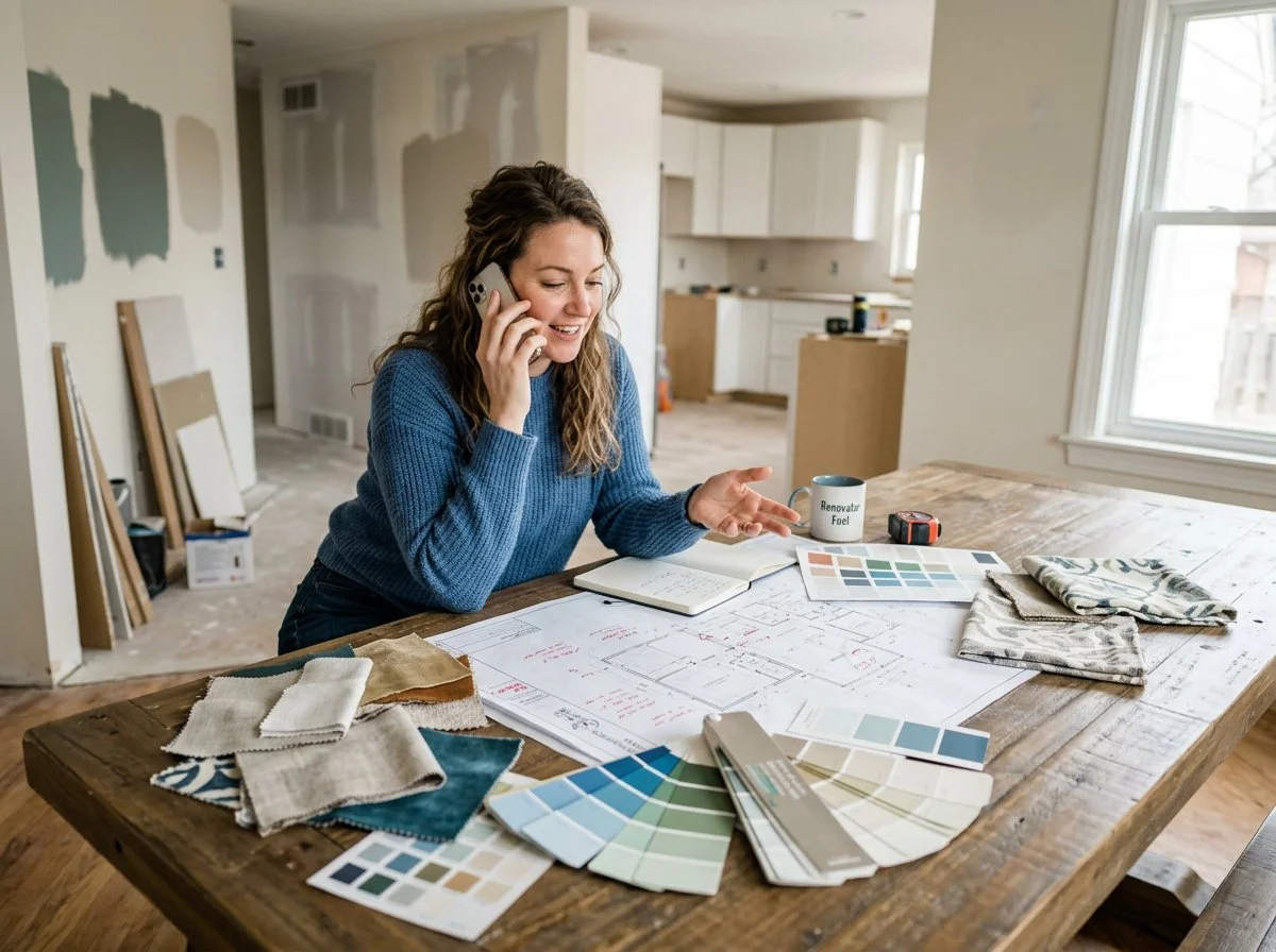 a happy woman is talking on the phone in the middle of a kitchen renovation where she is surrounded by colour charts and samples, plush design interiors, adelaide