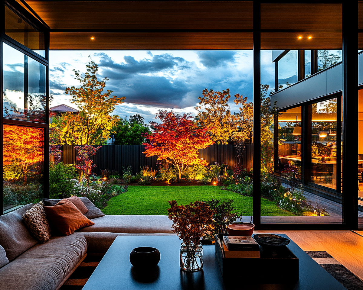 view of an Adelaide garden from inside the home out to uplit trees and a colourful garden
