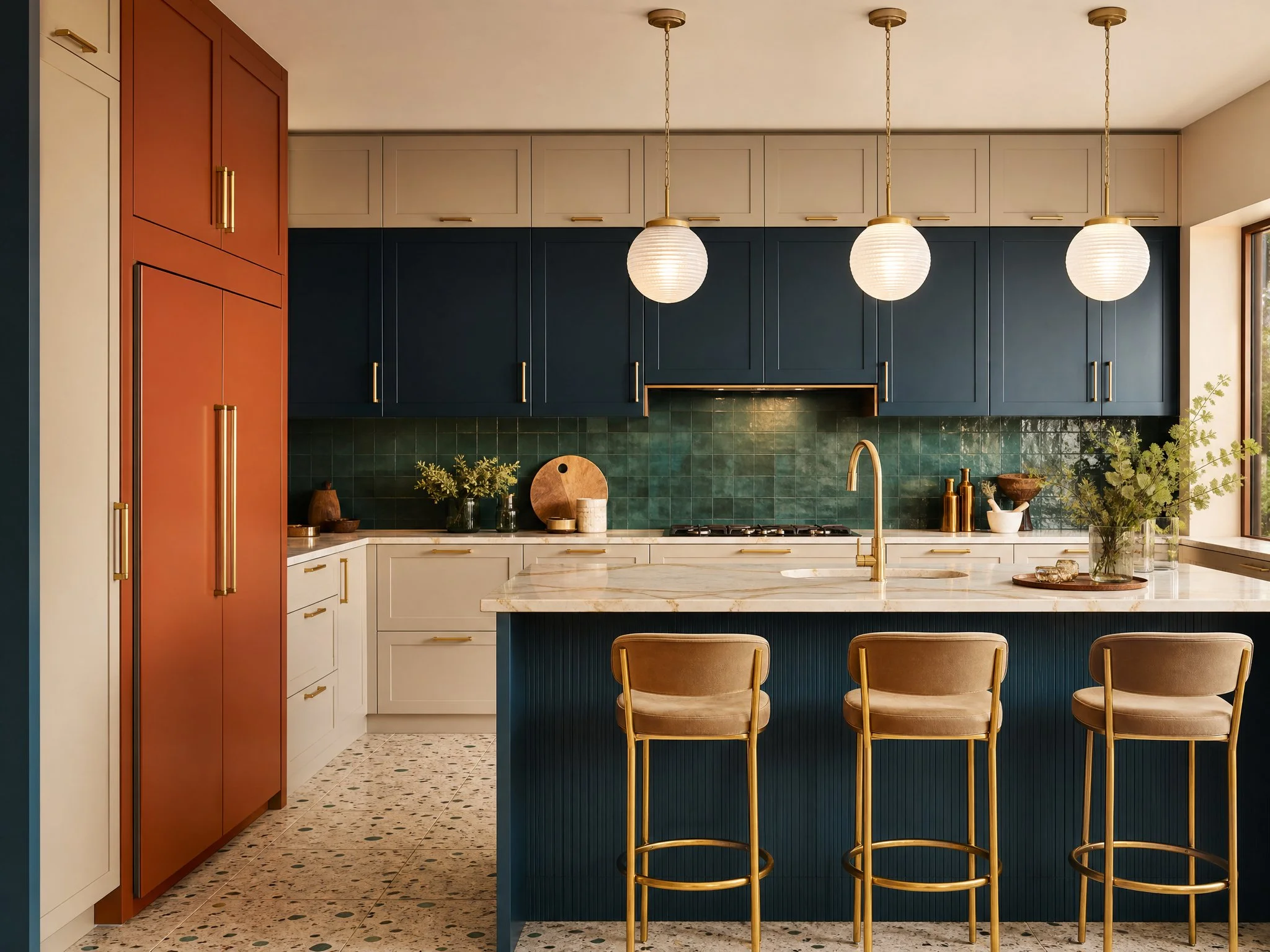 a render of a kitchen designed by Plush Design Interiors, Adelaide, showing the use of dark and light colours mixing parchment with inky blue, chilli red, and emerald tiles