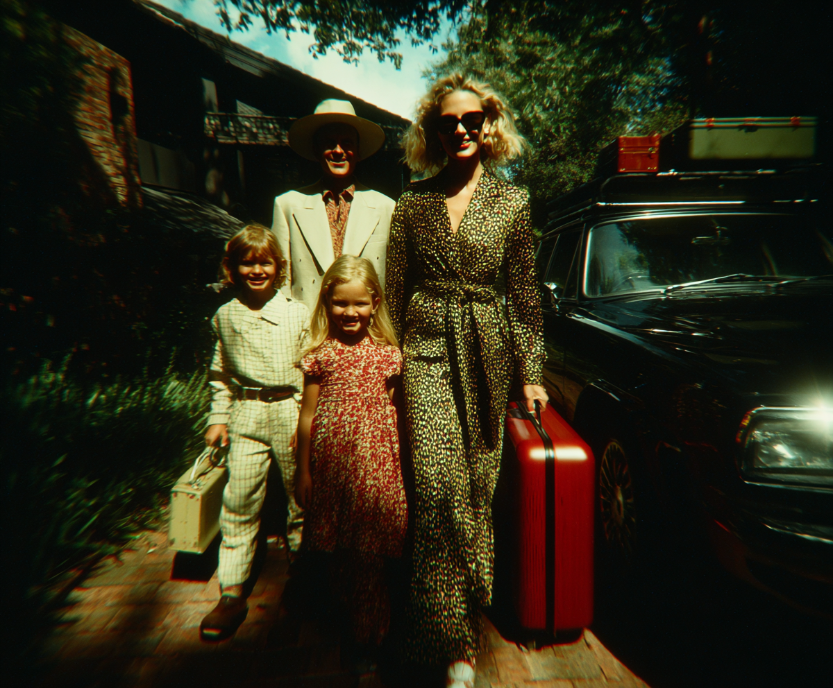 retro style image of a family of four in the driveway with suitcases and a car, when you move out during your adelaide renovation