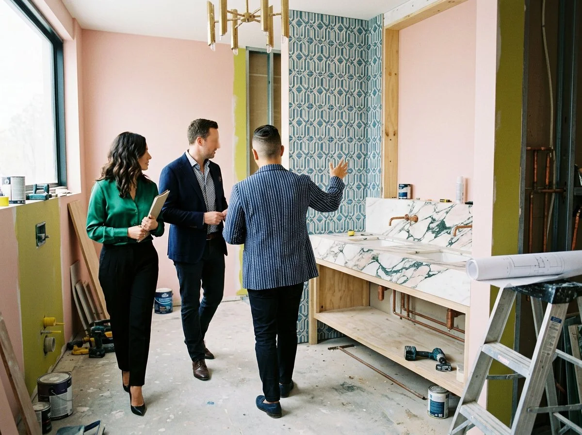 a pink and blue luxury bathroom renovation is viewed by the home owners and their interior architect, plush design interiors, adelaide
