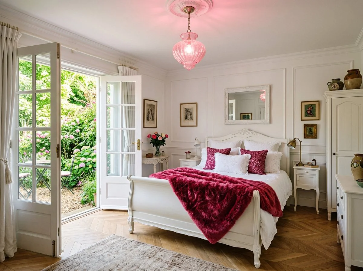 white on white french provincial bedroom with a pink ceiling light and raspberry faux fur throw, plush design interiors, adelaide