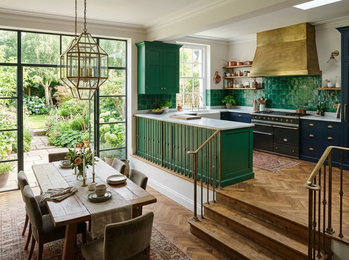 emerald green splashback tiles with an oiled brass rangehood cover, herringbone floor, and emerald green and navy blue cabinetry, in a split-level kitchen and dining space, plush design interiors, adelaide