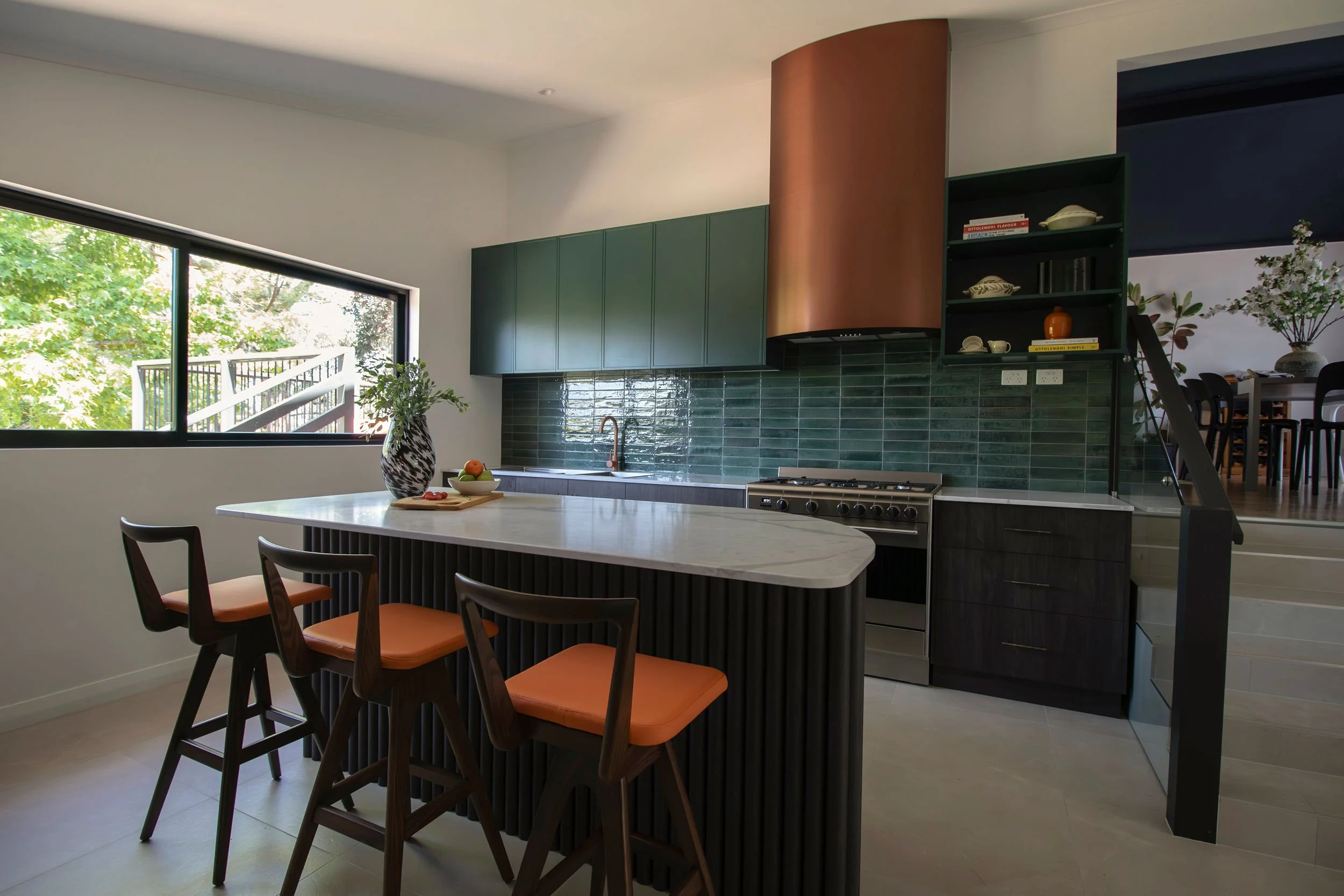 mid-century modern kitchen renovation in Bridgewater (Adelaide Hills) in deep chocolate and emerald green with a pop of orange, by Plush Design Interiors, Adelaide