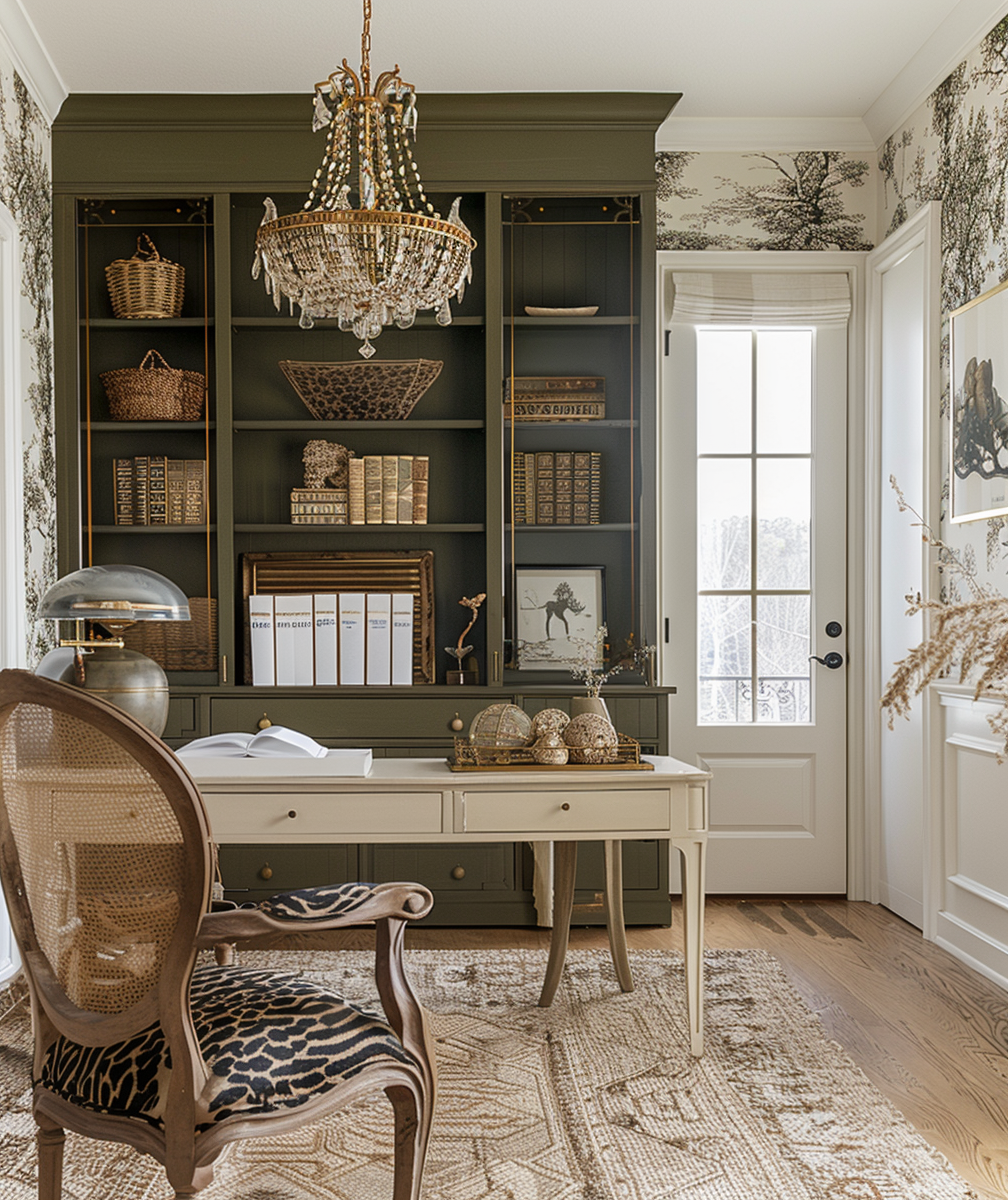 plushdesigninteriors_A_home_office_with_wallpaper_antique_furni_956ea01a-21b3-460e-9415-5c6e635275a9.webp