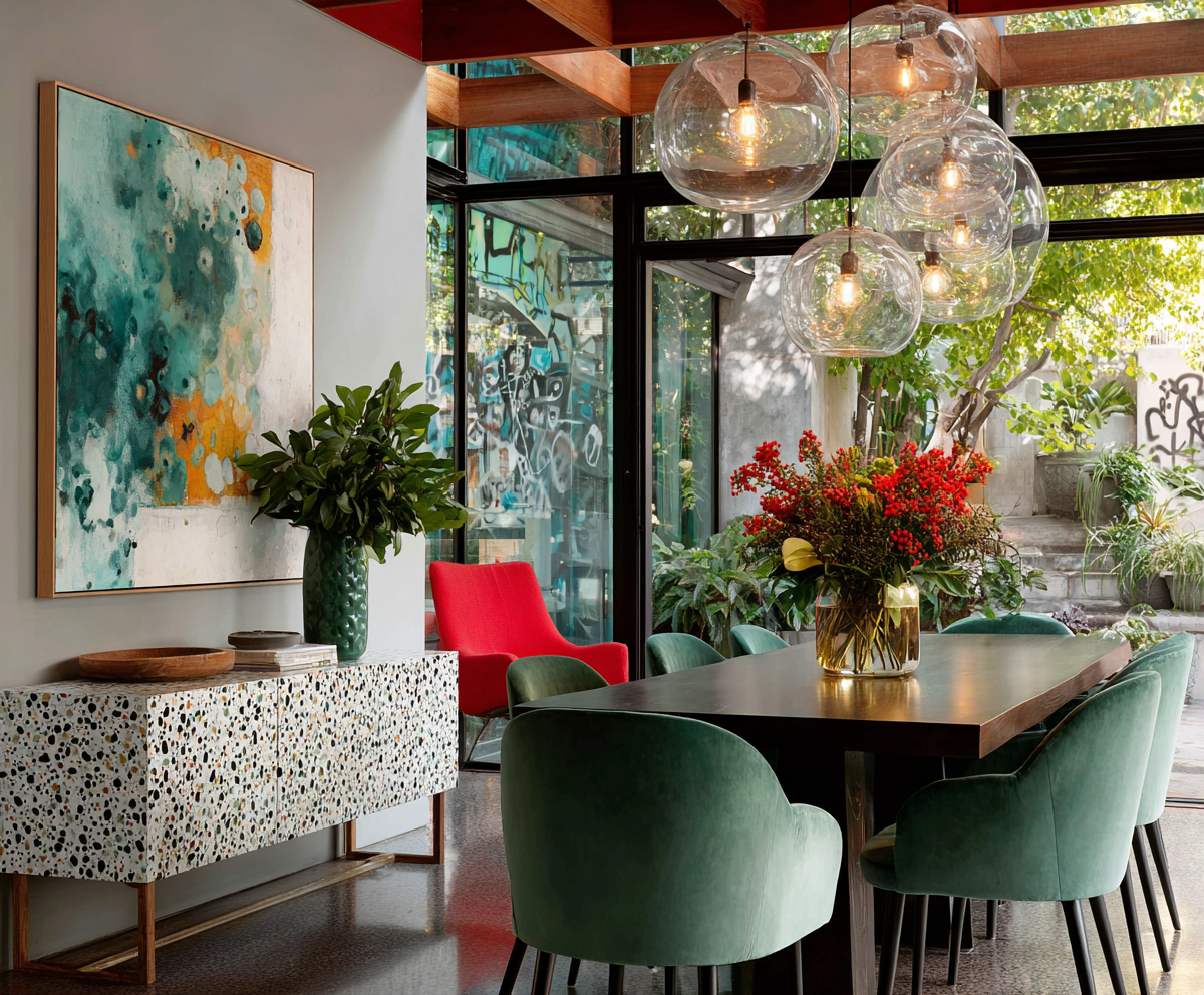 Mid-century modern dining room in green and red
