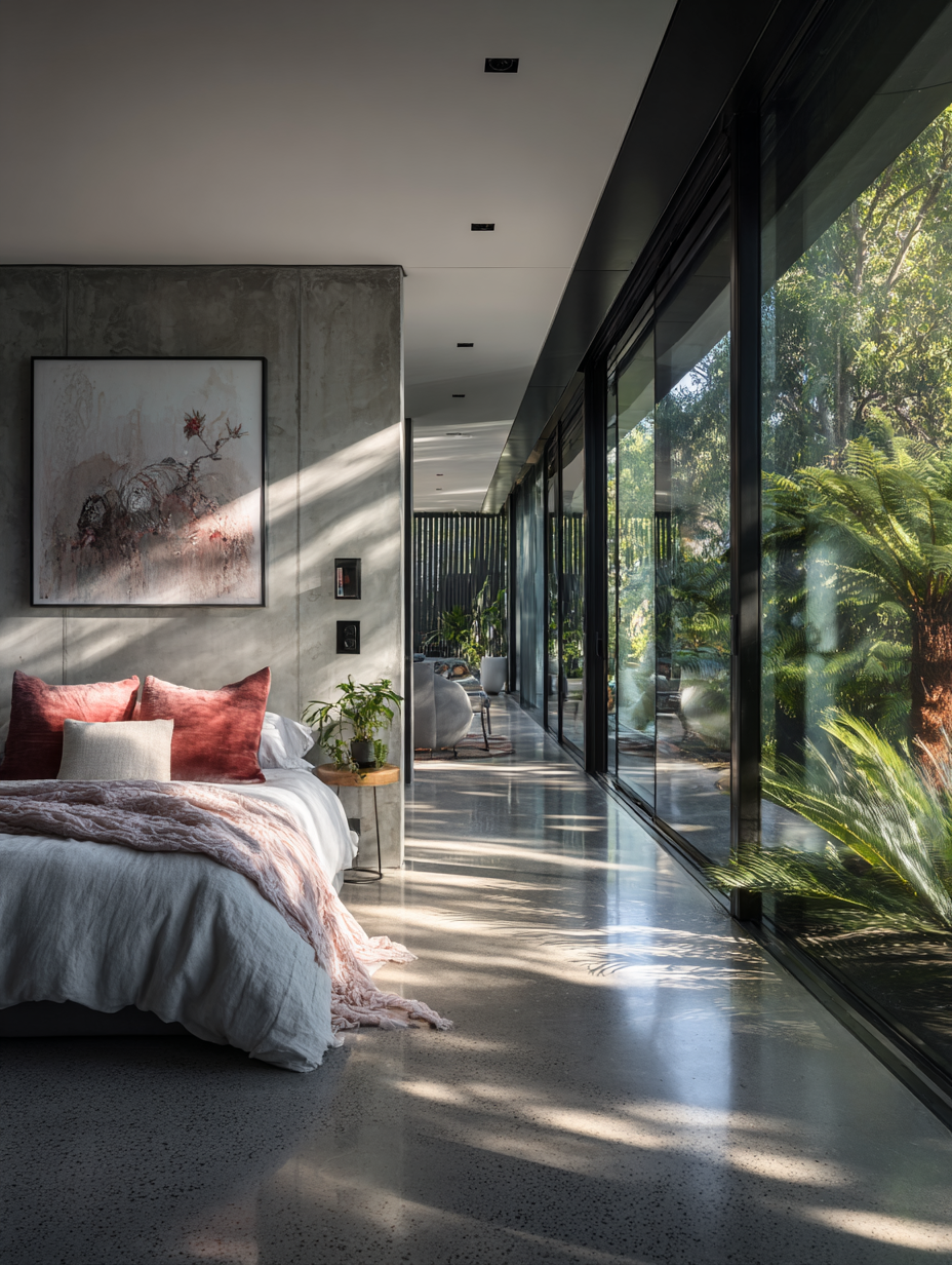 plush design interiors, adelaide, open plan bedroom with concrete floors in an acoustically unsound renovation.png