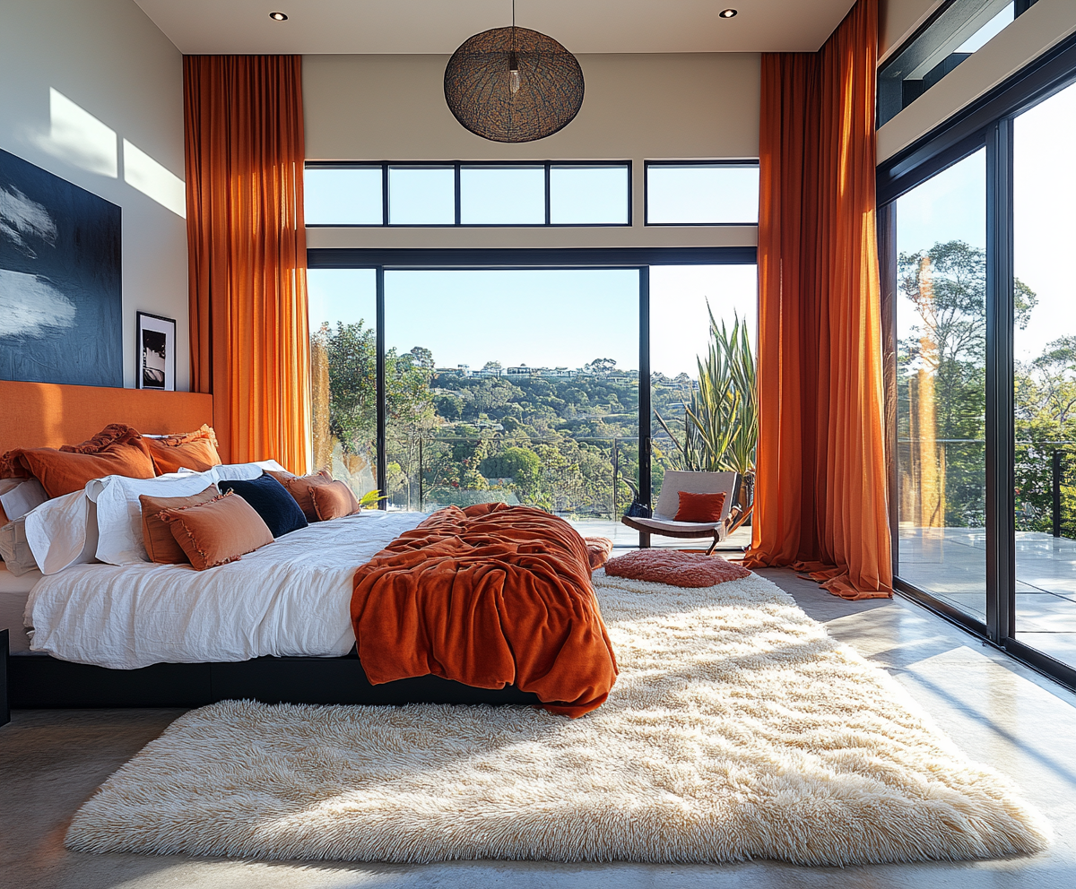 modern retro bedroom in a glass encased bedroom with concrete floors, shag rug and acoustic drapes, plush design interiors, adelaide.png