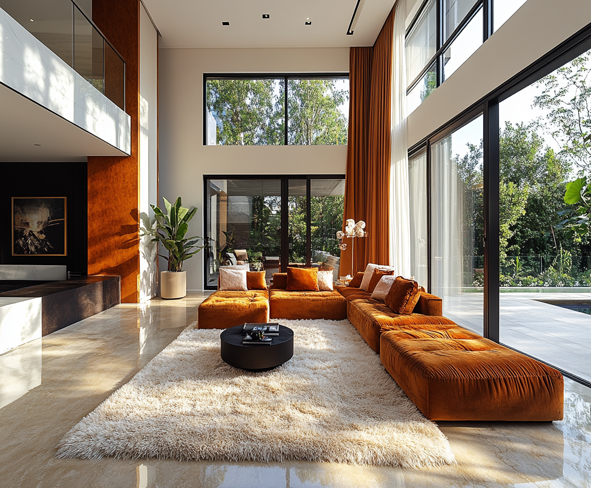 open plan modern retro living room with large windows draped in velvet for acoustic properties, plush design interiors, adelaide.png