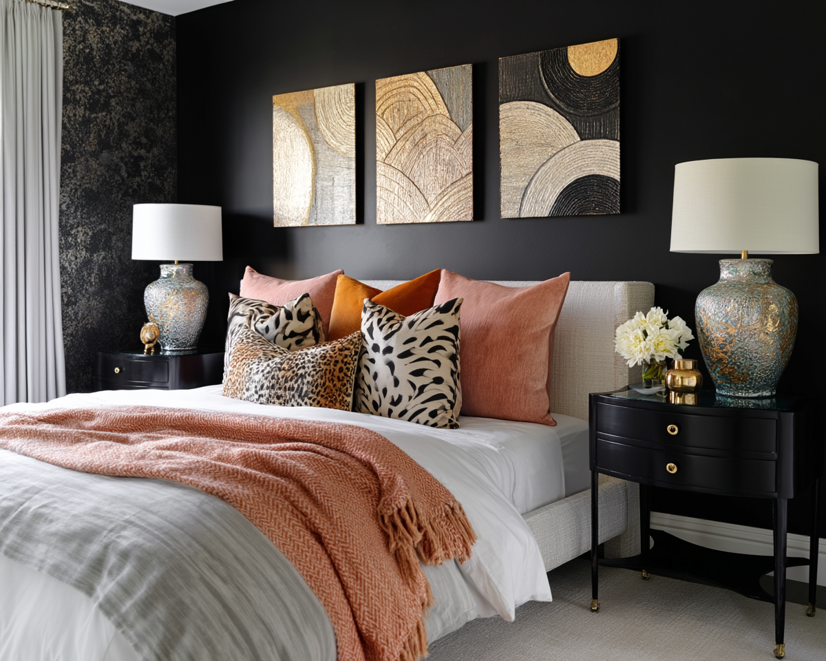 moody guest bedroom with a blck fewatur wall, and peach and gold accessories, pluh design interiors, adelaide.png