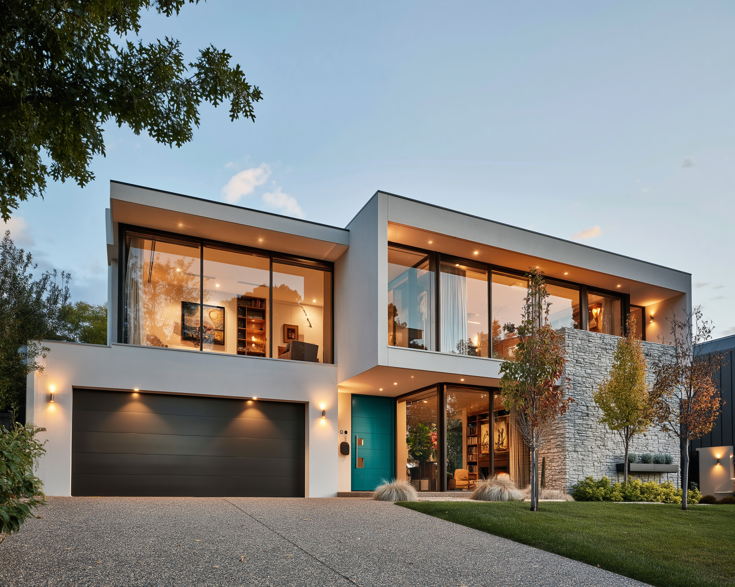sleek and modern home with charcoal garage door and turquouise blue fron door, plush design interiors, adelaide.png
