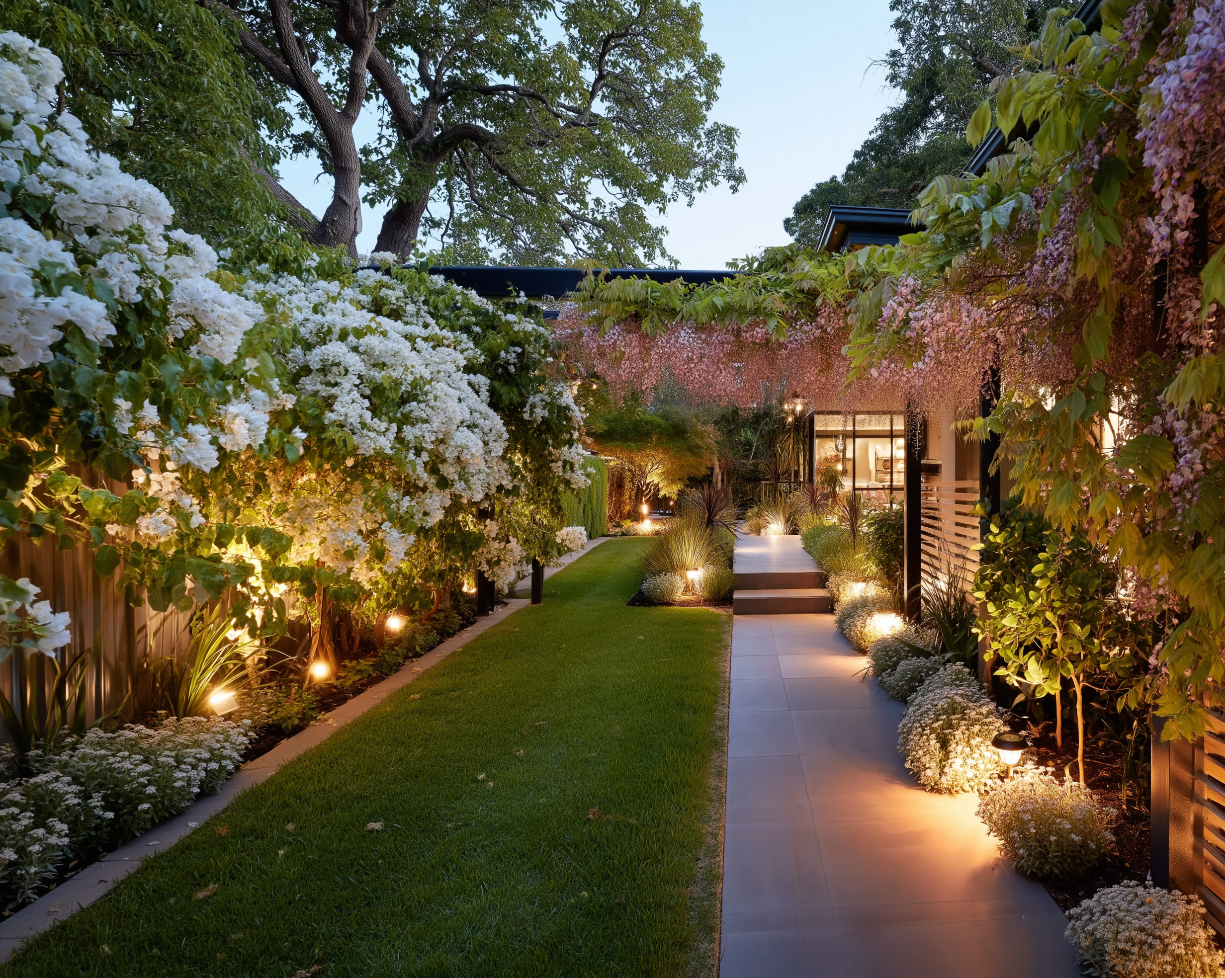wisteria and tropical flowers uplit with solar lighitng on aoathway to an Adelaide home, plush design interiors, adelaide.png