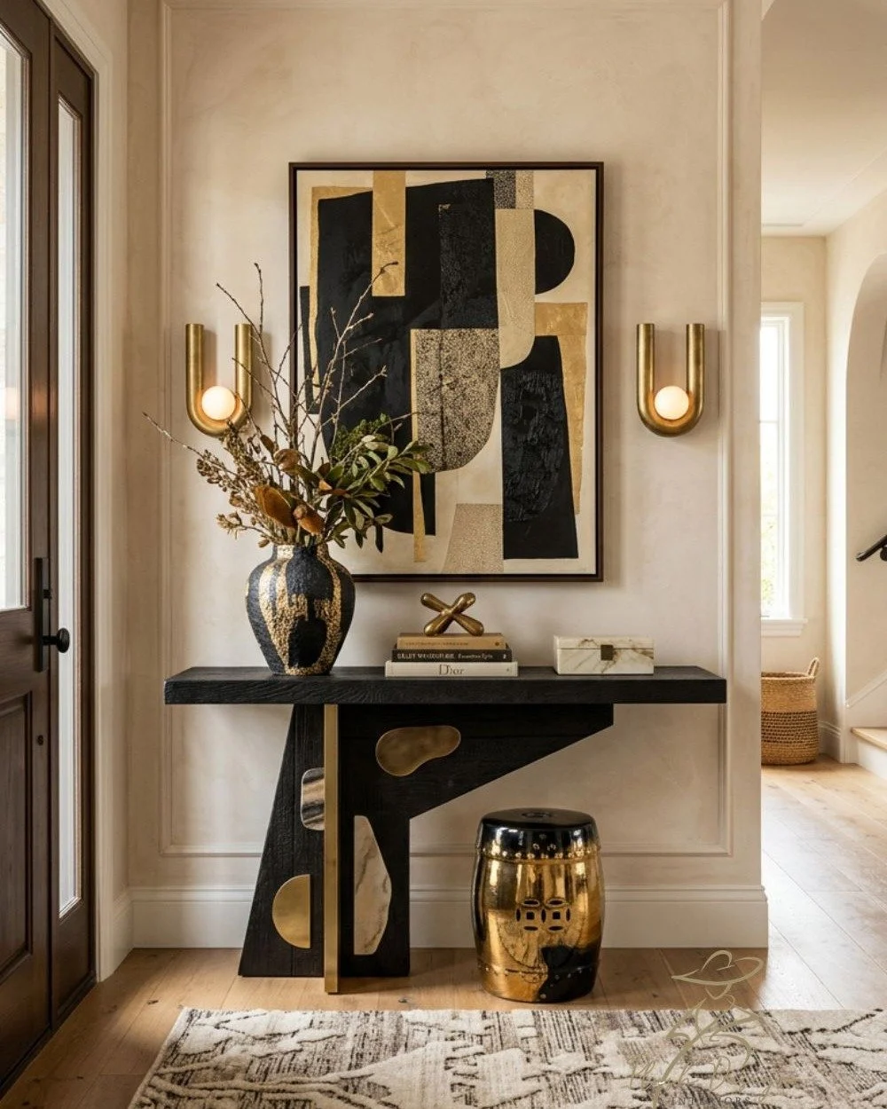 Console Table Styling in Art Deco-inspired Black and Gold
Art Deco is classic and works beautifully in modern homes when it's updated for modern living. This entryway is inspired by Art Deco with it's geometric lines and balck and gold palette. Howev