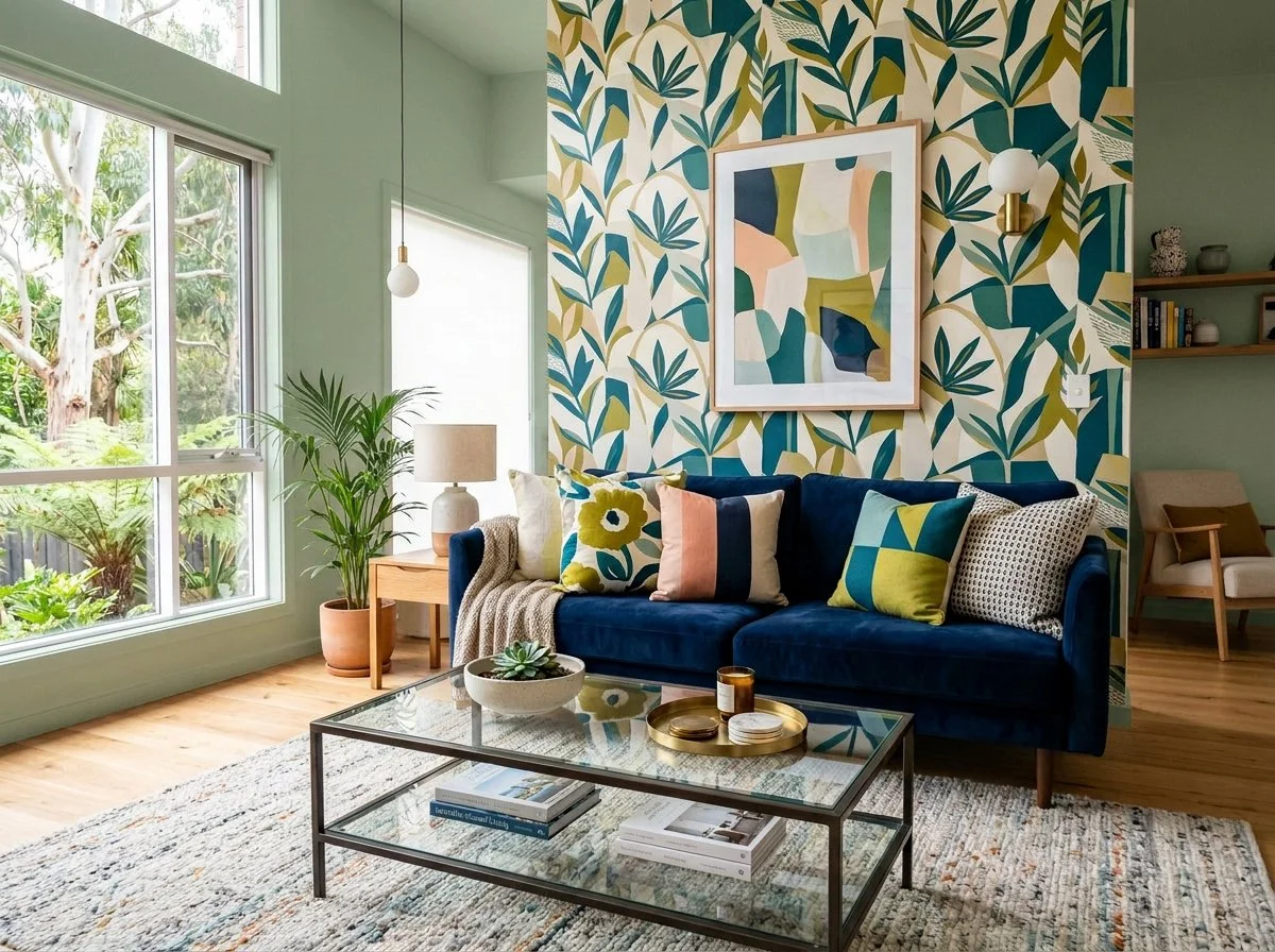 modern australian living room with feature wallpaper and navy sofa, plush design interiors, adelaide.jpeg