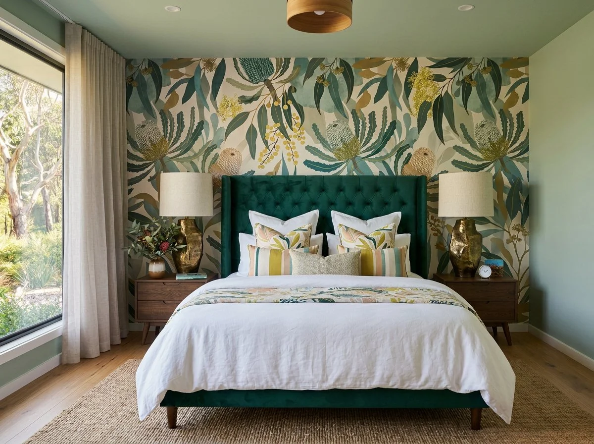 modern Australian bedroom with feature wallpaper and soft sage painted walls, plush design interiors, adelaide.jpeg