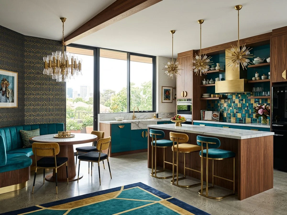 mid-century modern open plan kitchen and dining in emerald and wood grain, plush design interiors, adelaide.jpeg