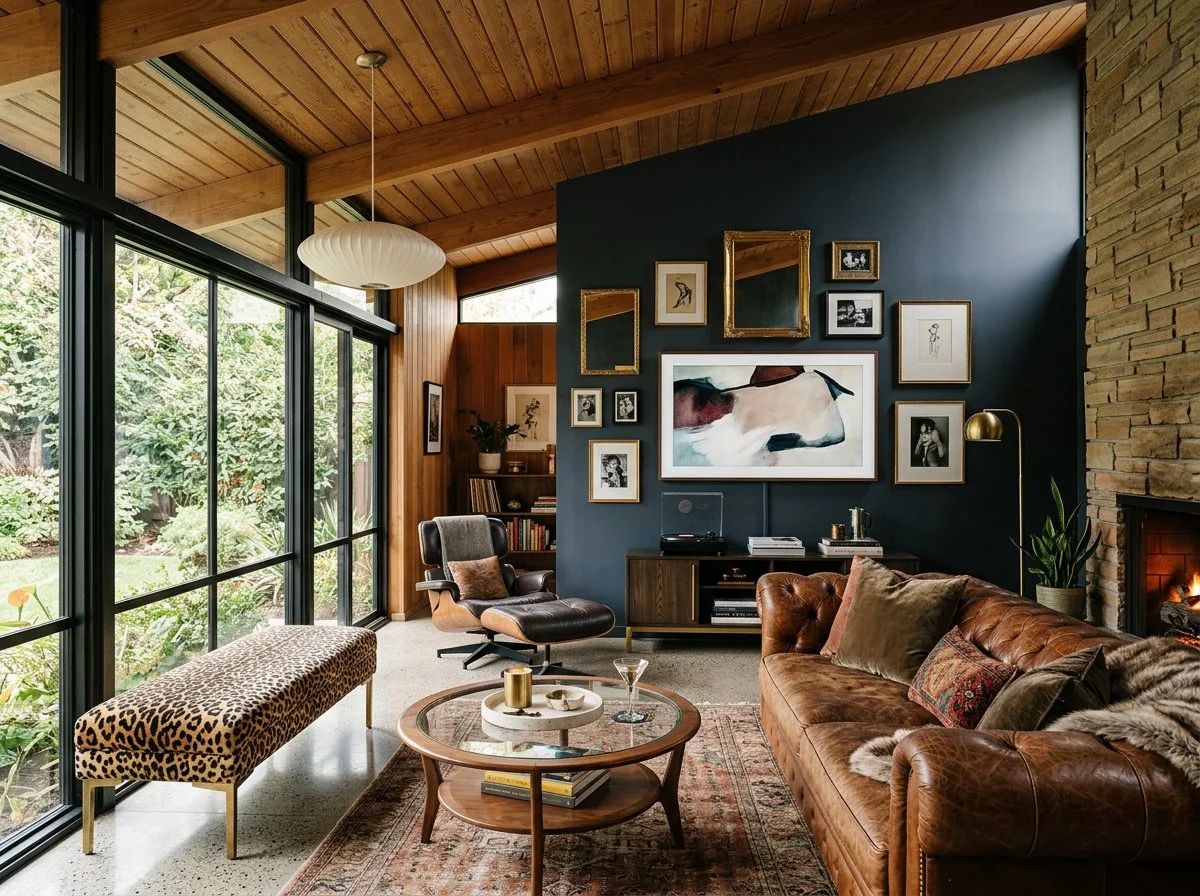 Feral Aristocrat - Jenna Lyons - media room in mid-century modern home with raked ceiling, plush design interiors, adelaide.jpeg