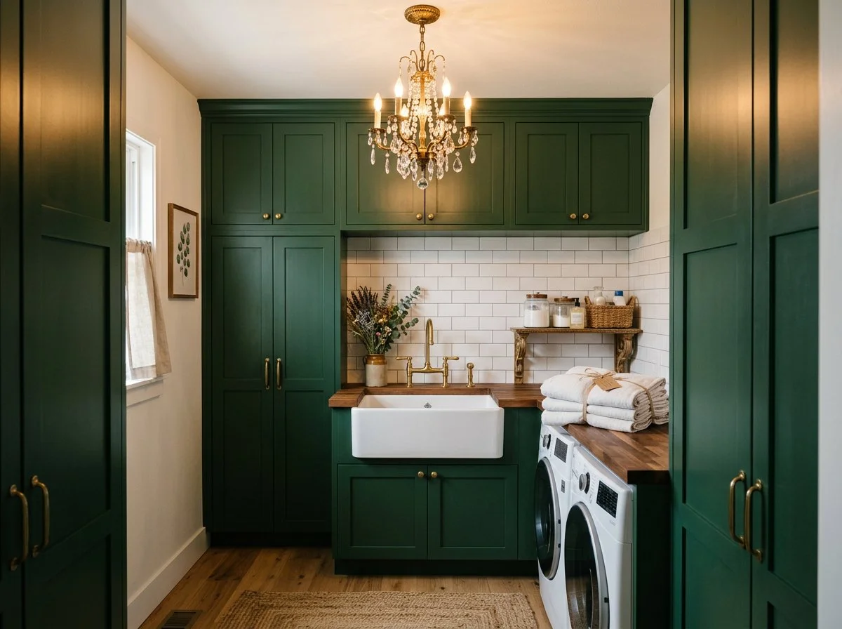 emerald green cabinetry in a laundry with a dramatic chandelier showing tension in design, plush design interiors, adelaide.jpeg