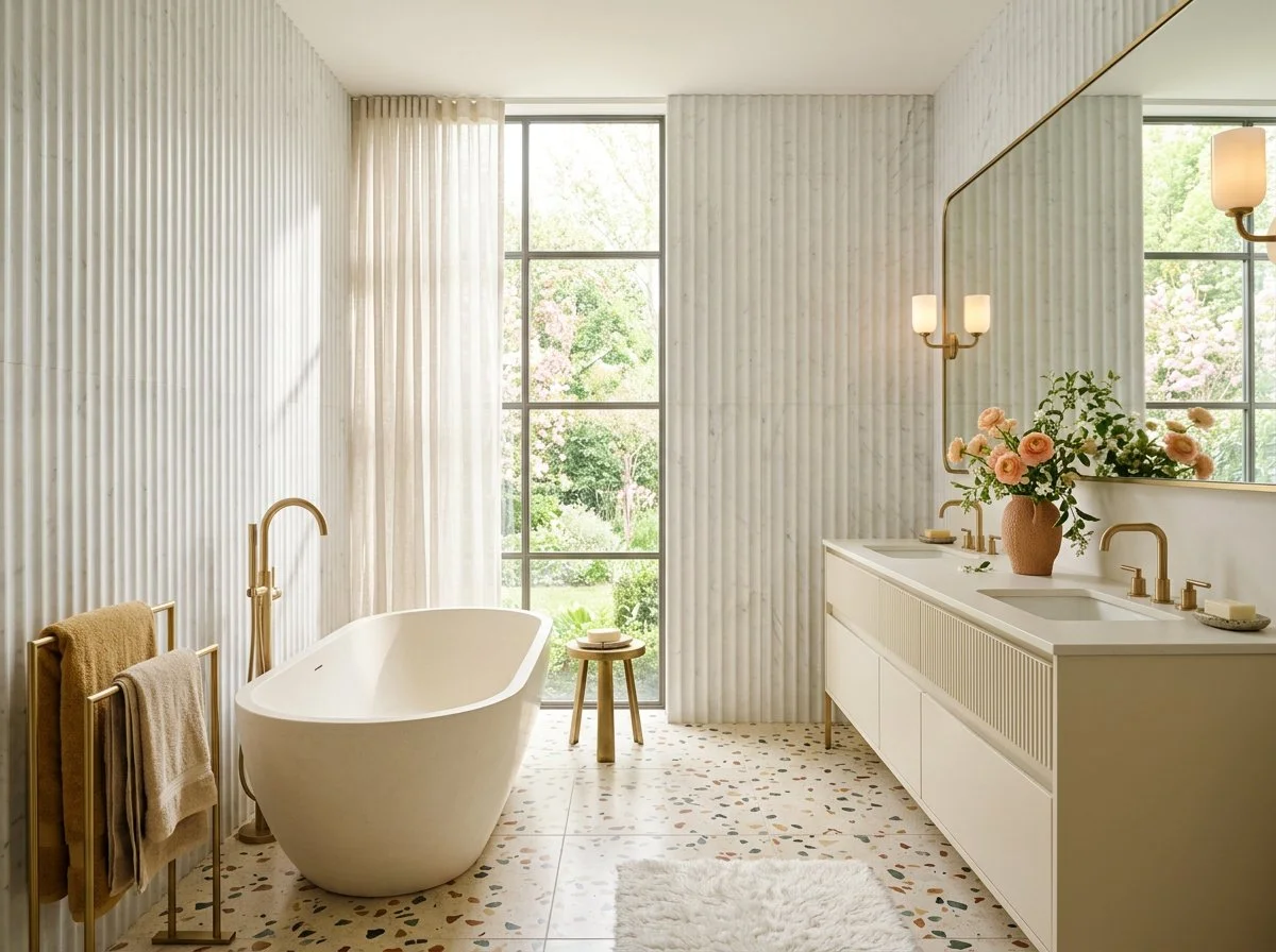 calm and gentle luxury bathroom in marble and terrazzo with soft sheers at the window, drama shown with interior deisgn tension in a neutral palette, plush design interiors, adelaide.jpeg