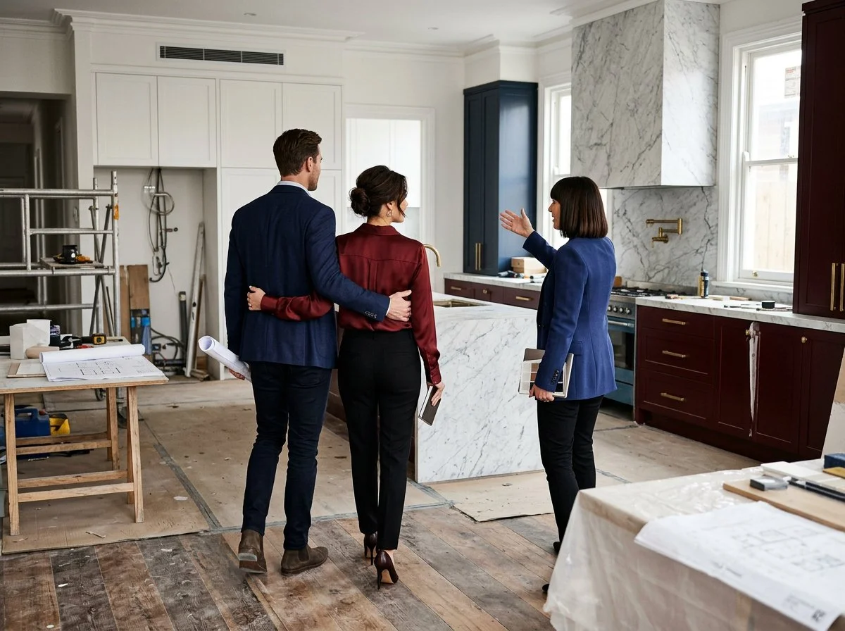 a home owner coupld walsk through a luxury kitchen renovation with an interior designer, plush design interiors, adelaide