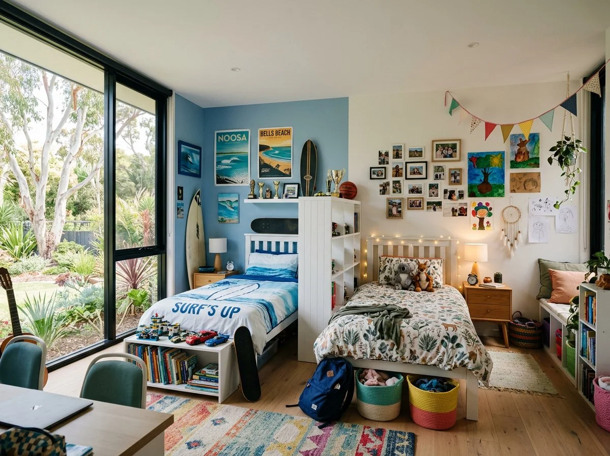 a place where two siblings share a bedroom but with very different interests, separated by open shelving,  plush design interiors, adelaide