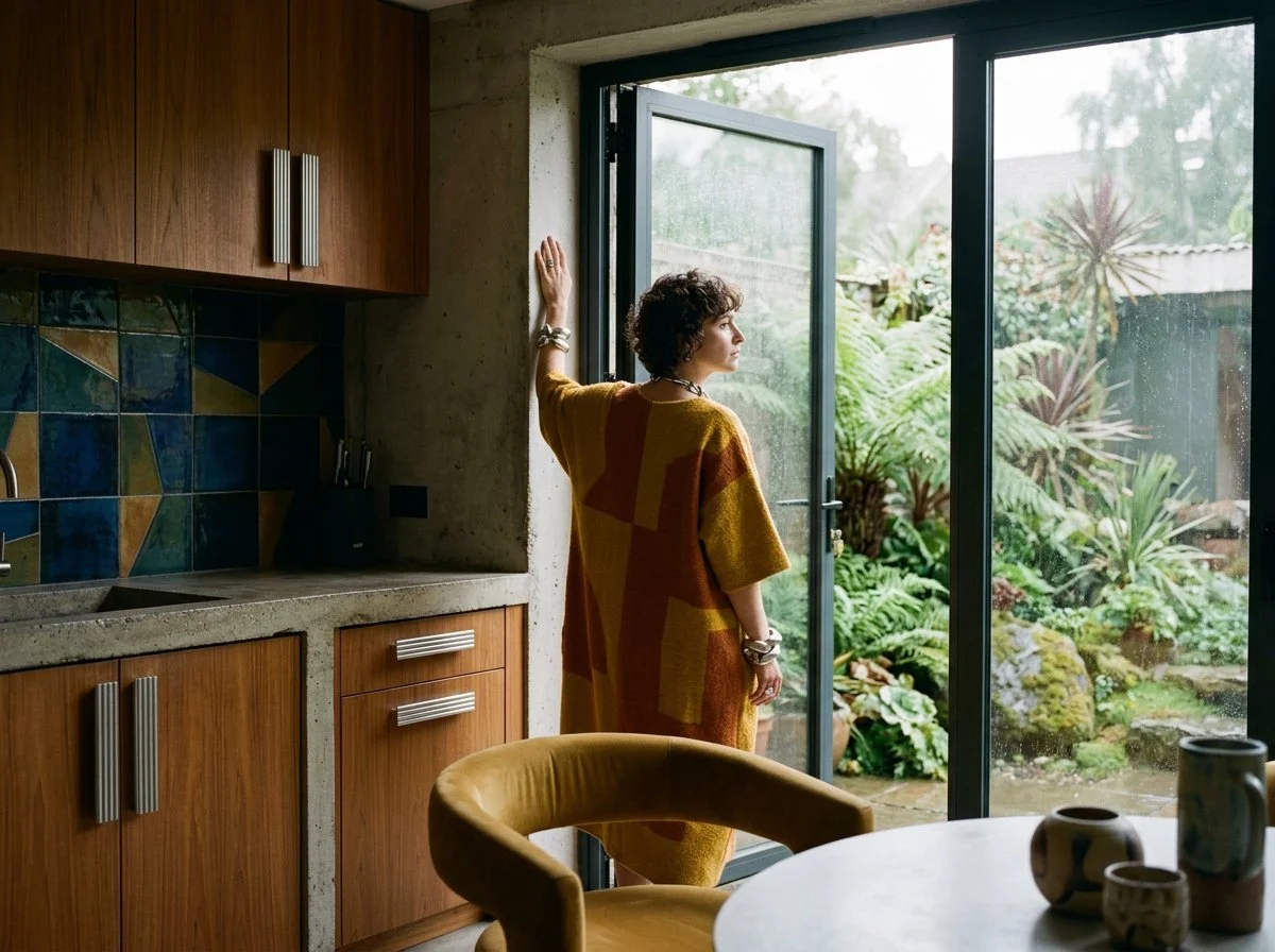 a casually elegant woman in a yellow and rust jacket stands in the doorway of a modern brutalist kitchen as rain falls outside, plush design interiors, adelaide