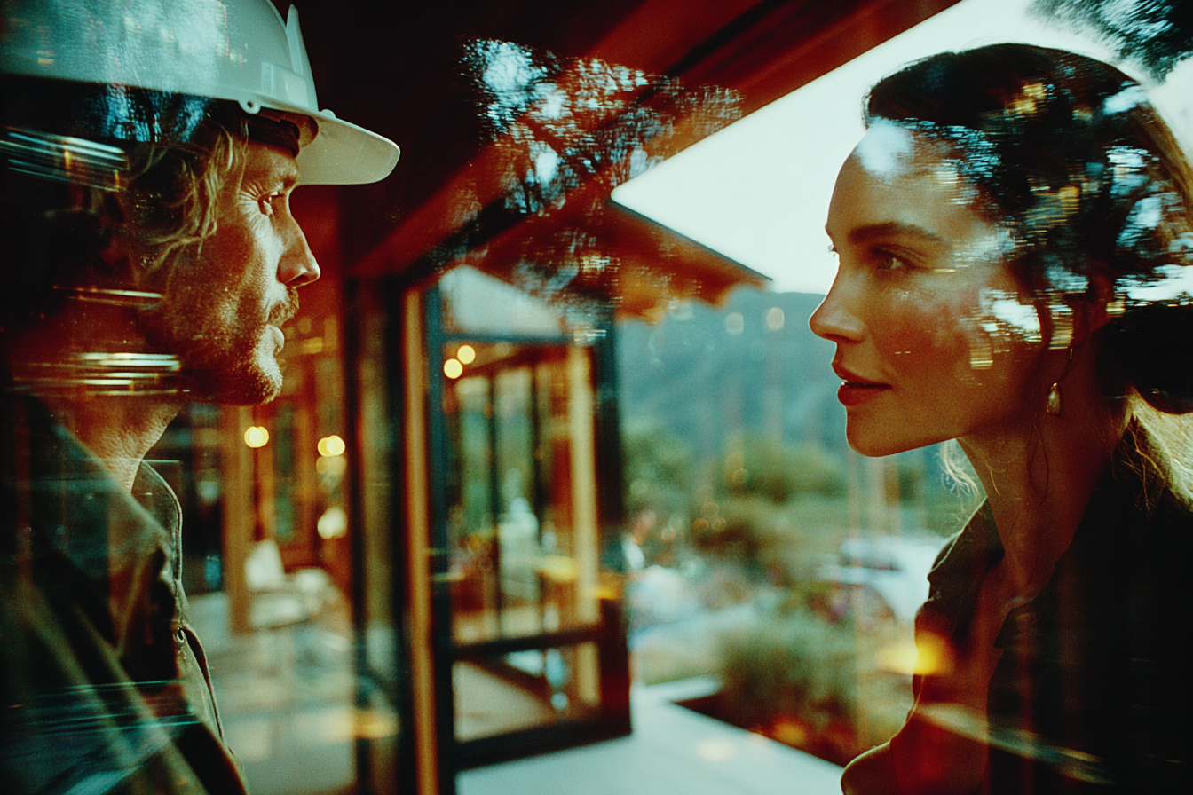Interior designer and contractor standing in a partially renovated living room, checking builder quotes and renovation progress.