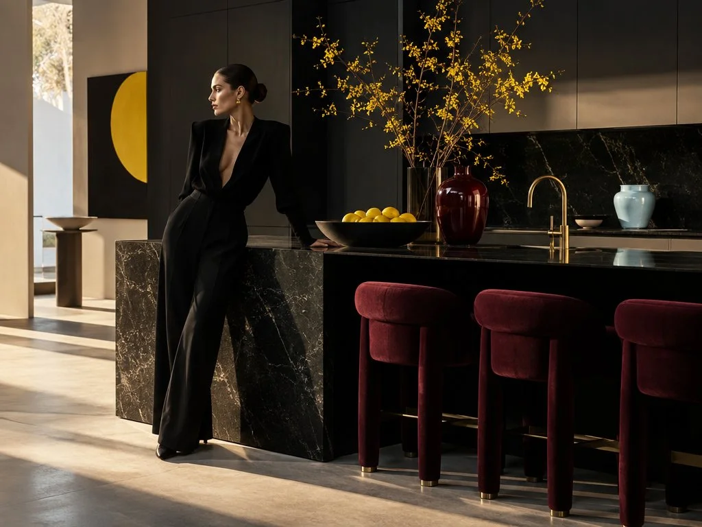 dark and moody kitchen with dark charcoal cabinetry, and ox blood velvet bar stools, a bowl of lemons and a light blue vase pop, and an elegant woman is standign sexily in front of the dark marble island, plush design interiors, adelaide