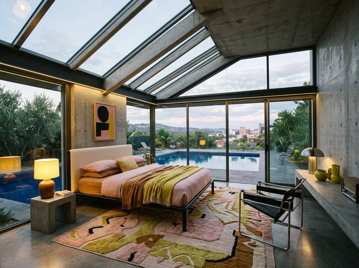 a modern brutalist bedroom contrasting concrete and glass with soft furnishings in soft pink, chartreuse, cream, black, and yellow, overlooking a swimming pool with views of Adelaide, plush design interiors