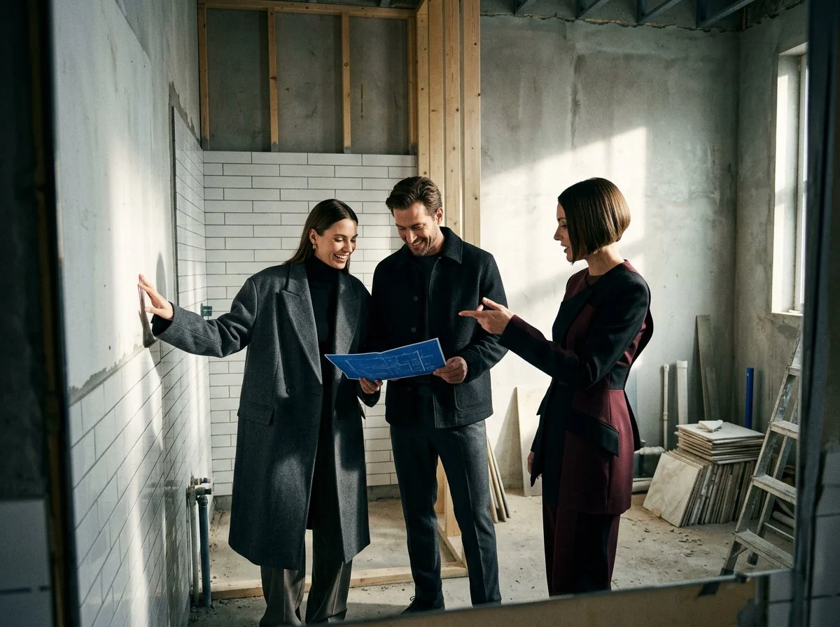 a couple is inspecting a bathroom mid-renovation with an Adelaide interior designer, plush design interiors, adelaide