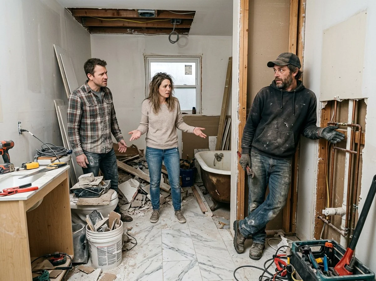 a couple argues with a plumber in the unrenovated bathroom of their home renovation, plush design interiors, adelaide