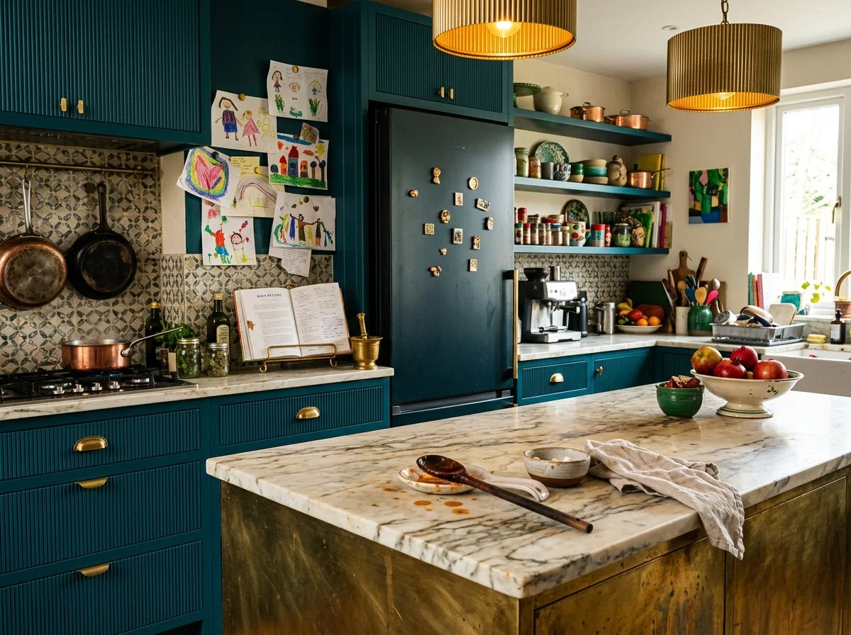 a lively kitchen with teal cabinetry and marble countertops, with cook books and children's art, and fridge magnets so we can stop decorating for instagram, plush design interiors, adelaide
