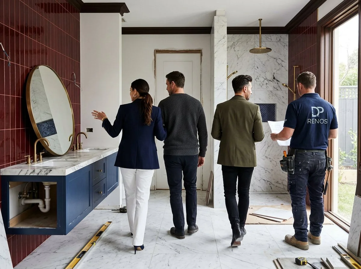a home owner couple walk through a bathroom renovation with their builder ad interior designer, plush design interiors, adelaide