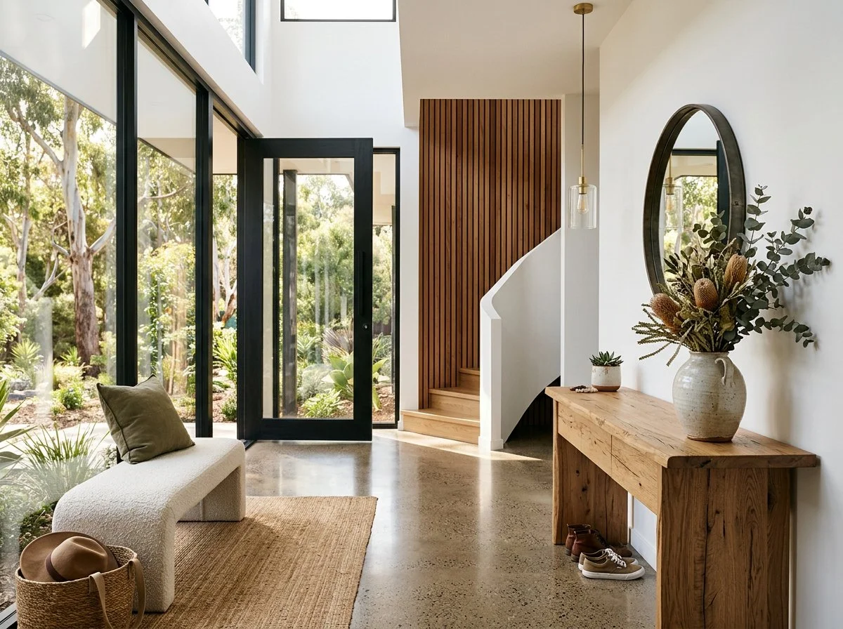modern and open entry foyer with black doors and windows, light and white airy interior, sculpted staircase with wood features, and concrete floor, plush design interiors, adelaide