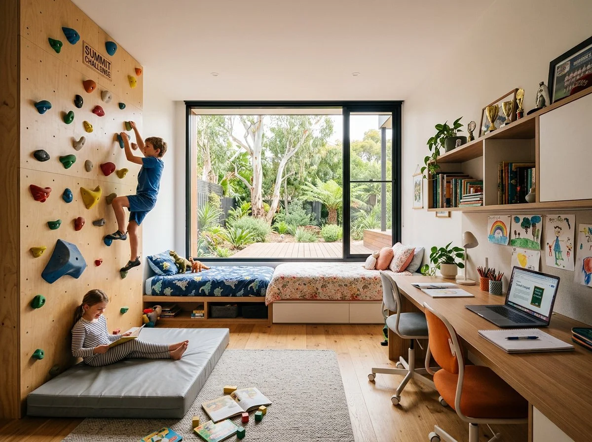 siblings share a bedroom with a climbing wall and study desks, plush design interiors, adelaide