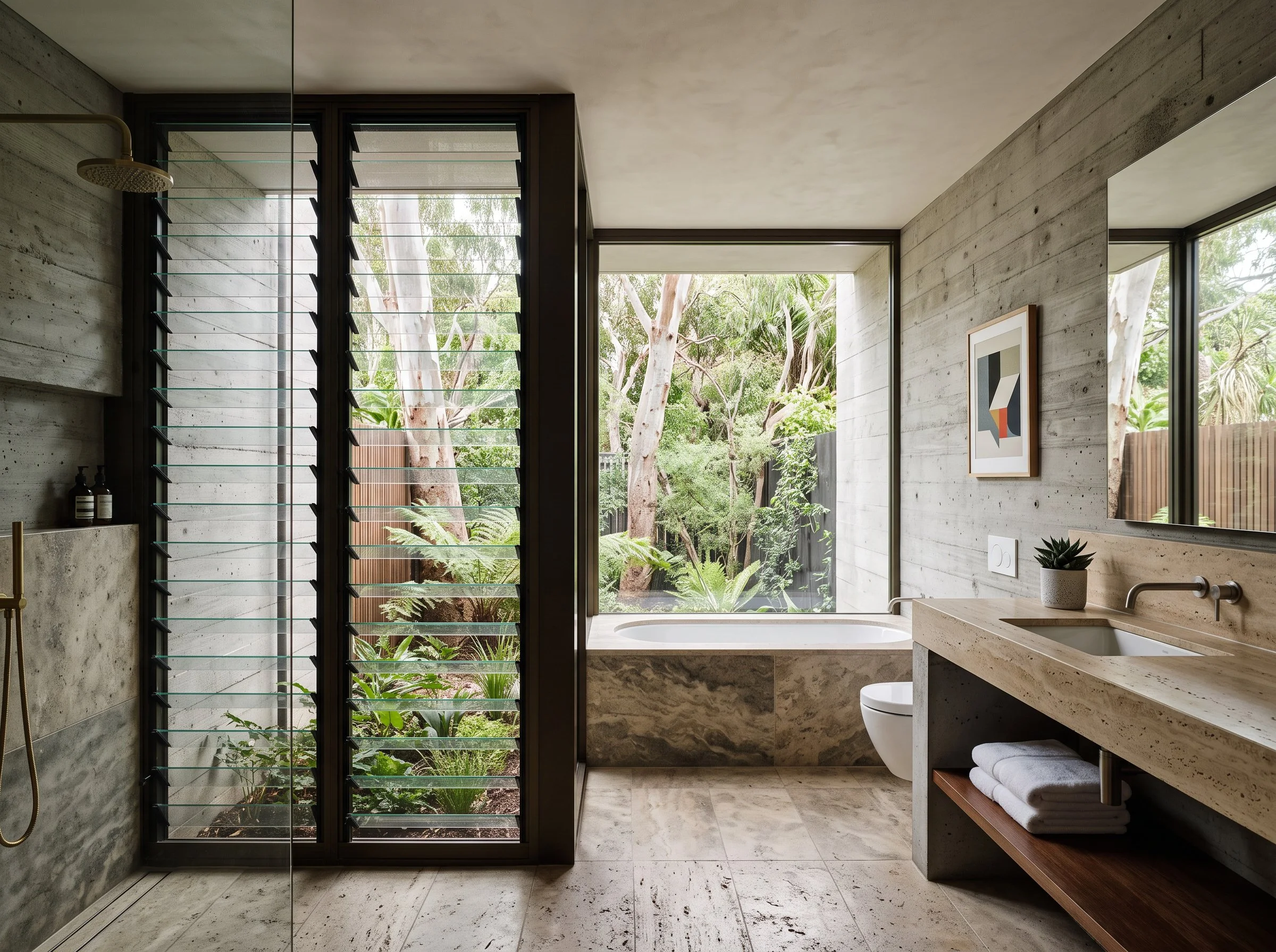 a mid-century modern brutalist fusion bathroom with excellent ventilation and garden views, plush design interiors, adelaide