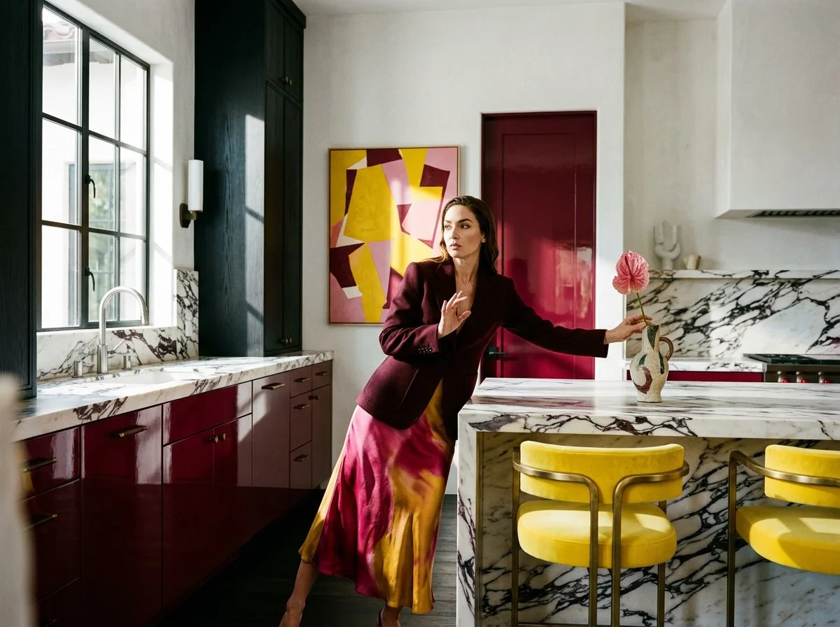 woman in a burgundy tailored jacket with yellow and burgundy silk skirt in a modern kitchen with calacatta viola marble countertops and gloss burgundy cabinetry, plush design interiors, adelaide