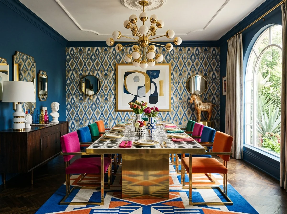 bold dining room with dramatic mosaic tile top dining table and glass brass base, with multi-coloured chairs and area rig, and feature geometric pattern wallpaper, plush design interiors, adelaide