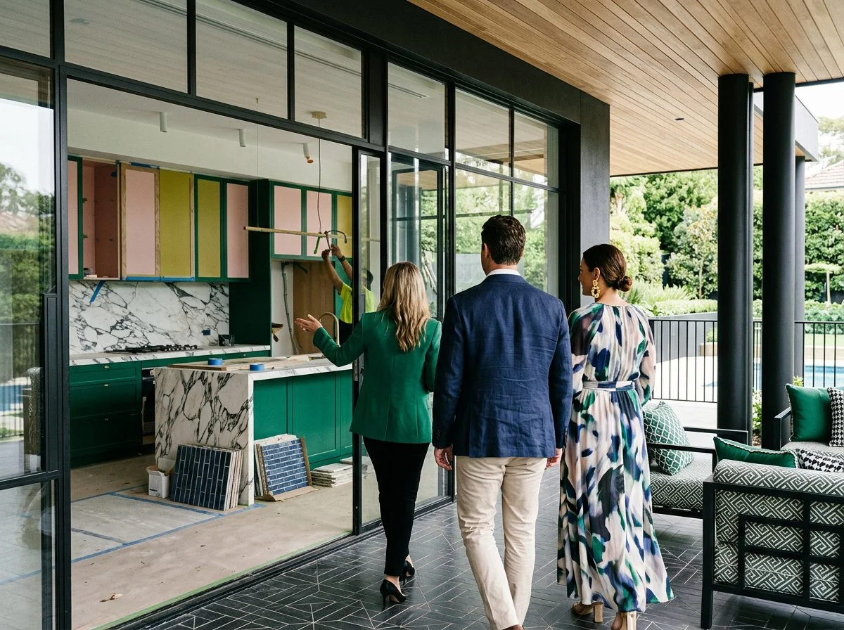 a couple and their interior architect are walking through and outdoor living space under the main roof and walking into a luxury kitchen renovation, plush design interiors, adelaide