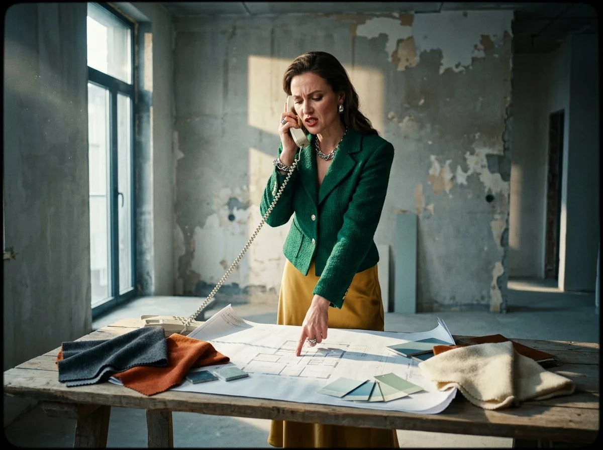a woman in a green jacket and yellow skirt is on the phone discussing home renovation plans, plush design interiors, adelaide