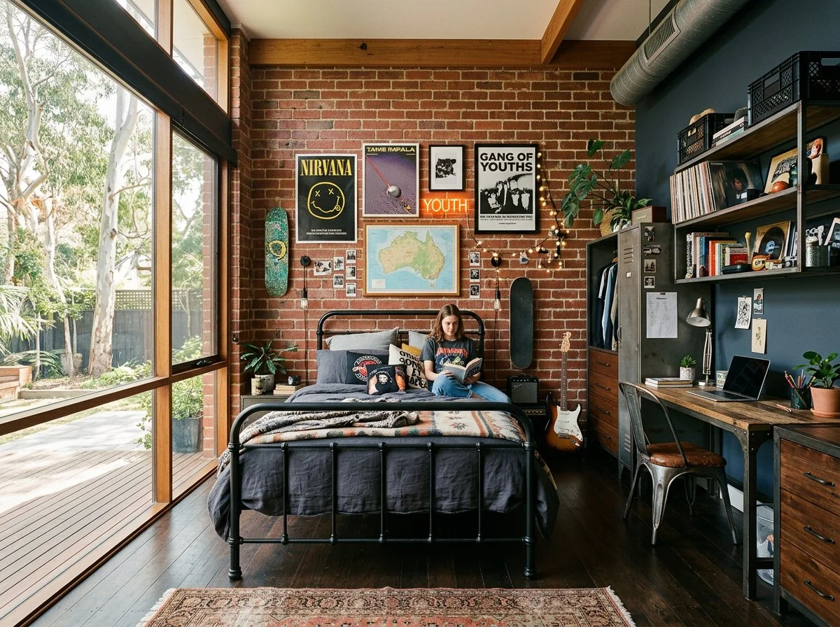 a young teenagers bedroom in a mid-century modern home, with a wrought iron bed, metal gym locker wardrobe, and industrial shelving, plush design interiors, adelaide