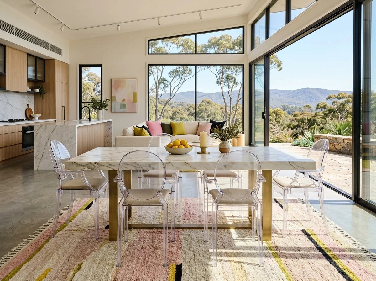 modern open plan living in Adelaide overlooking gum trees, with a marble dining table, concrete floors, soft woods, and a colour palette of soft pink, chartreuse, cream, black, and yellow, plush design interiors, adelaide