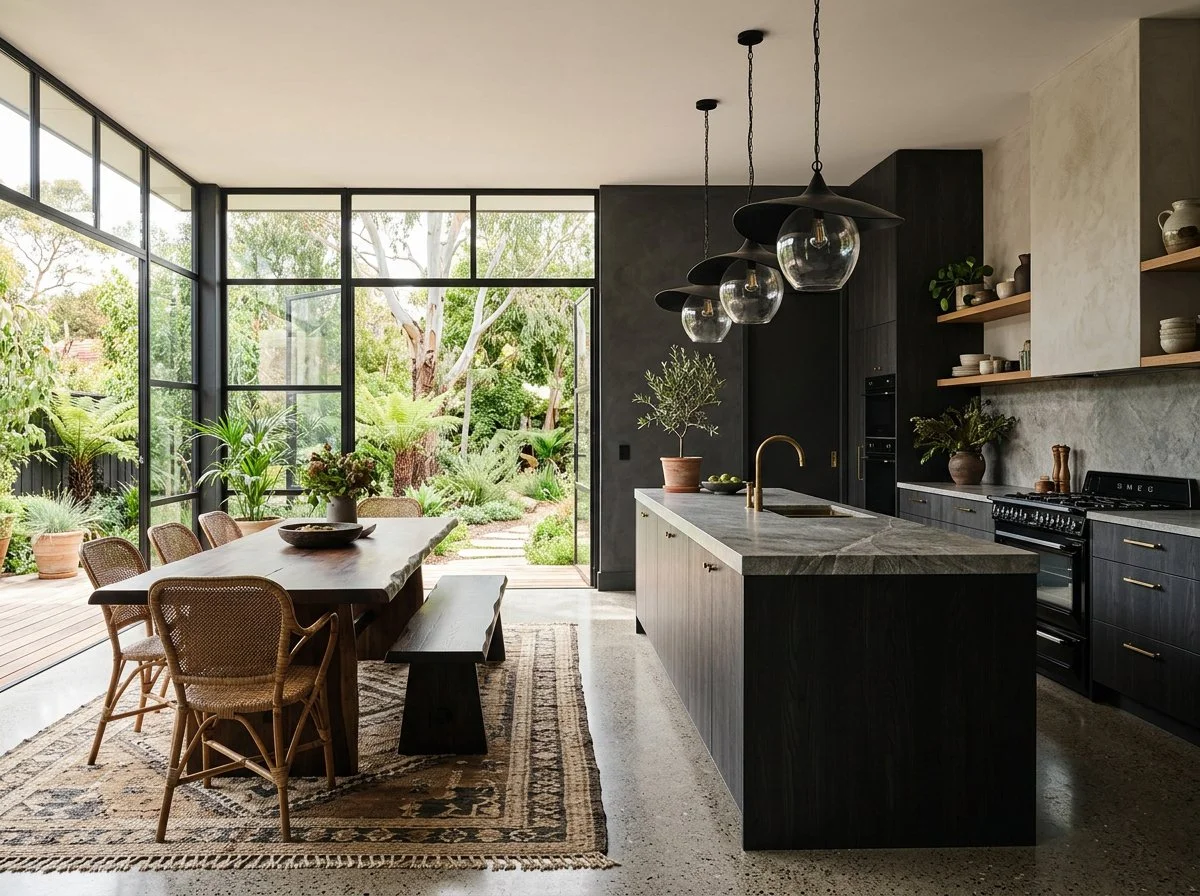 a kitchen design that beautifully blends dark and light, stone and rattan, old with new, with large doors opening to a lush garden, plush design interiors, adelaide