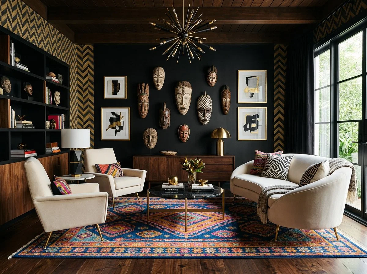 small mid-century modern living where black walls give the illusion of space, punctuated with soft cream furniture, plush design interiors, adelaide