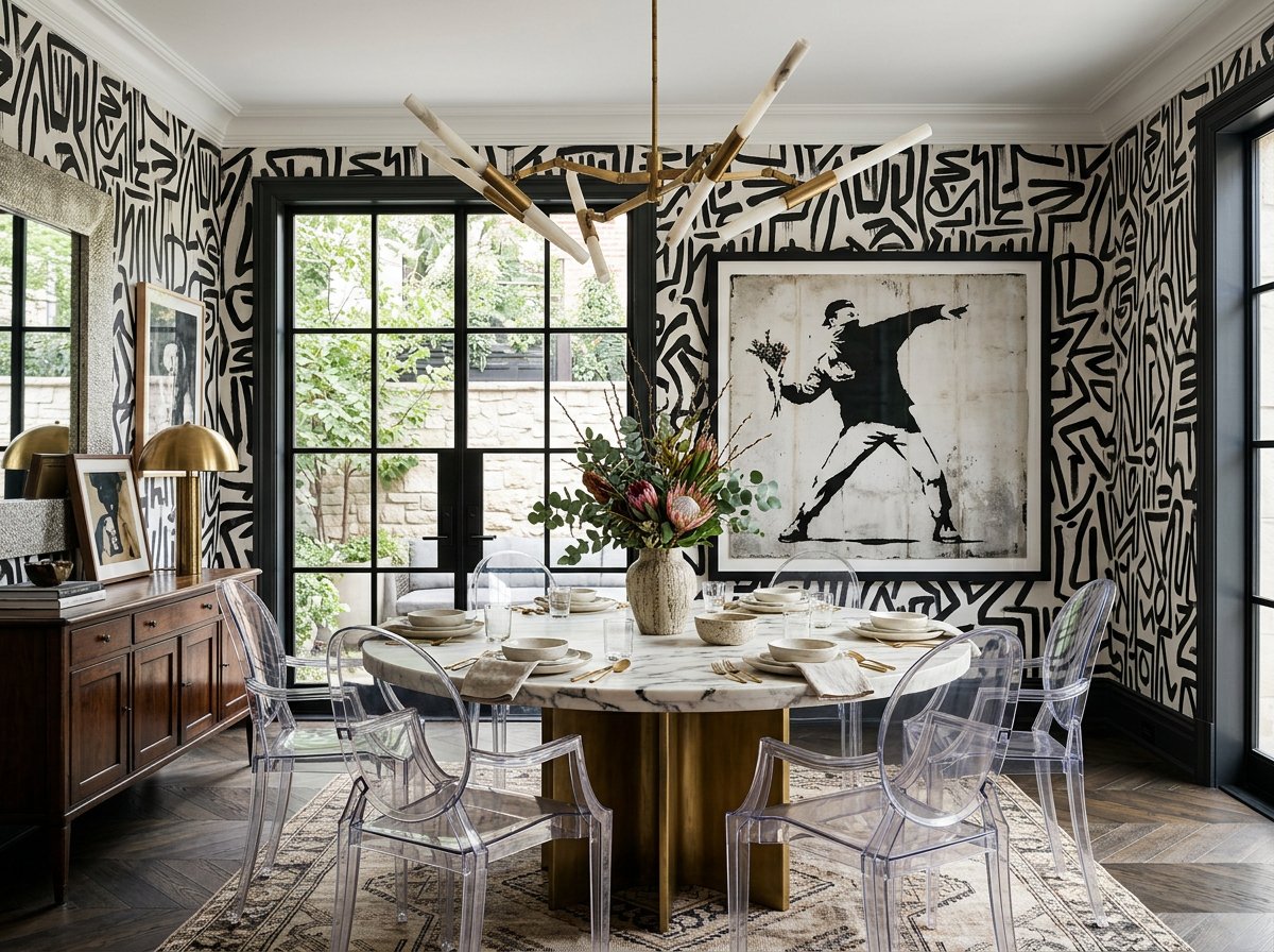 a dining room with dramatic black and white 'scribble' wallpaper, a round marble dining table with bronze metal base and Phillipe Starke ghost chairs, stone floor with an area rug, plush design interiors, adelaide