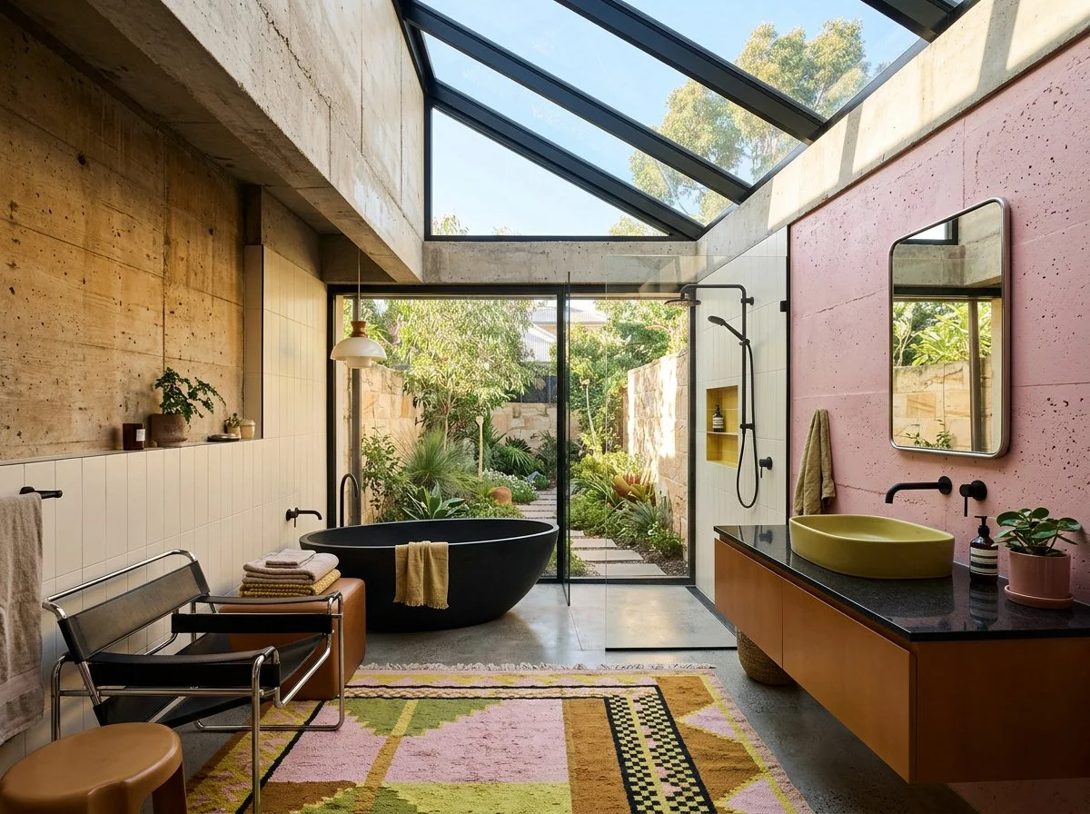 modern brutalist bathroom with black bath, chartreuse basin, concrete flooring, and tension forming mix of pink, chartreuse, cream, black, and yellow for intentional juxtaposition, overlooking a private courtyard gardeplush design interiors, adelaide