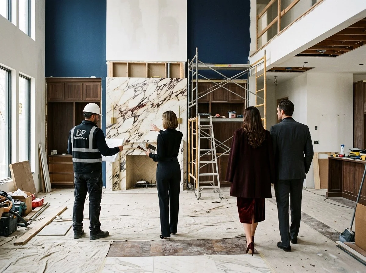 a cpuple and their interior designer discuss a living room renovation with a builder standing in the luxury reno, plush design interiors, adelaide