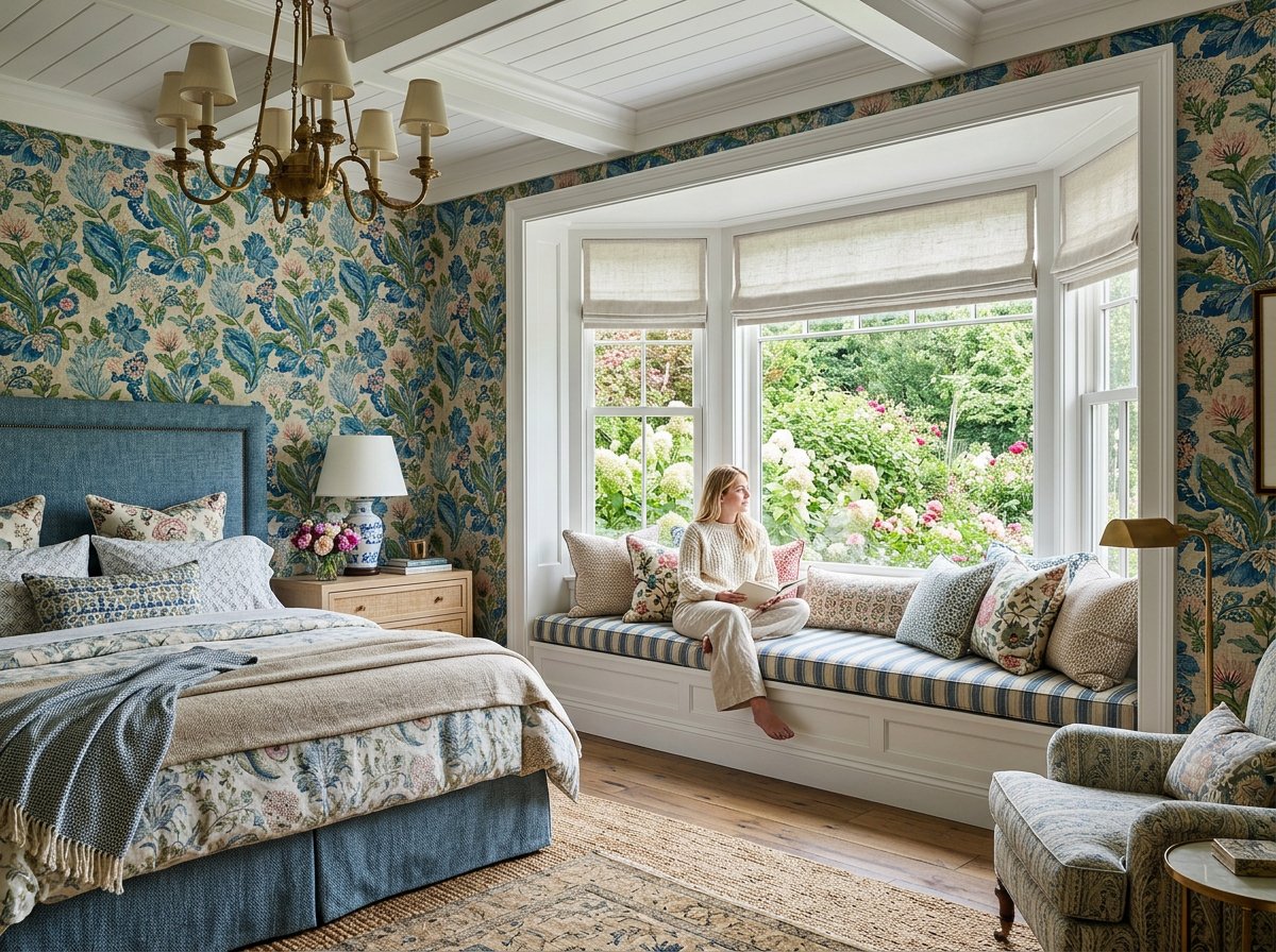 feminine bedroom in blues and a little pink with feature wallpaper and a window seat overlooking a pretty flower garden, plush design interiors, adelaide