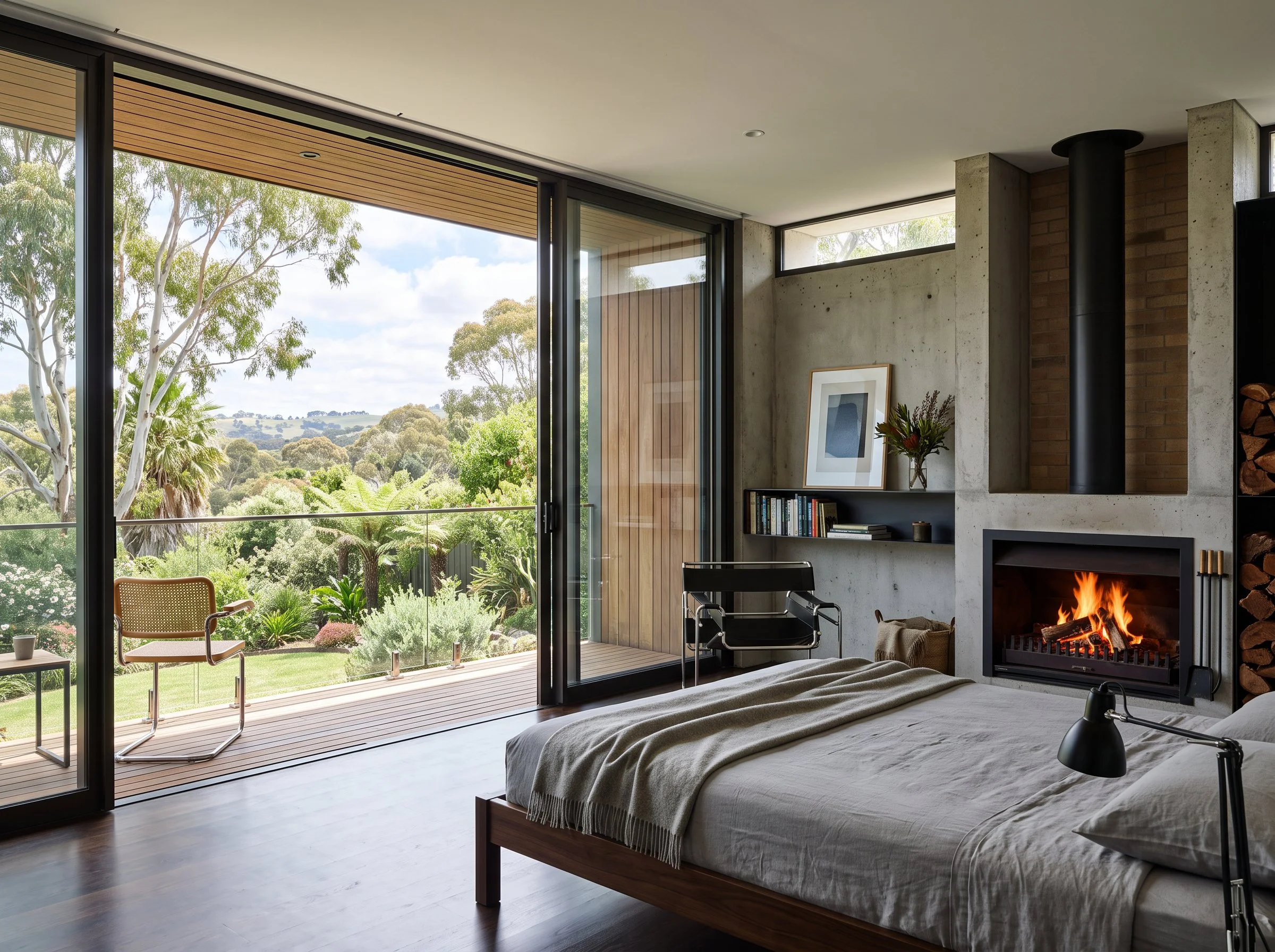 fabulously mid-century modern and brutalist fusion bedroom with fireplace and balcony with views over a lush garden in Adelaide, plush design interiors, adelaide